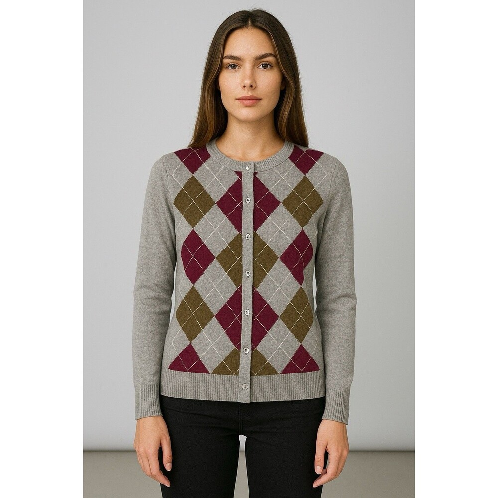 Marconi 100% Cashmere Argyle Cardigan Sweater Gray Burgundy Olive Green M
